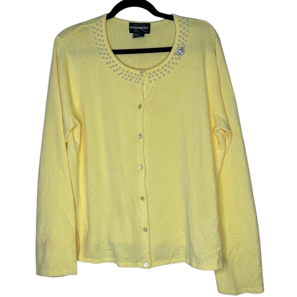 Requirements VTG Women's XL Cardigan Button Sweater Yellow Faux Pearl Preppy‎
